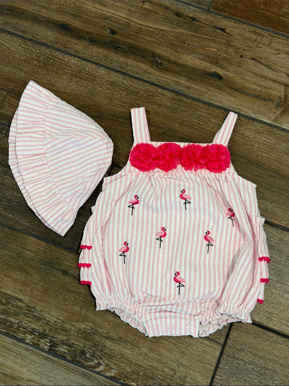 Baby Starters Pink Striped Flamingo Romper with Matching Sun Hat